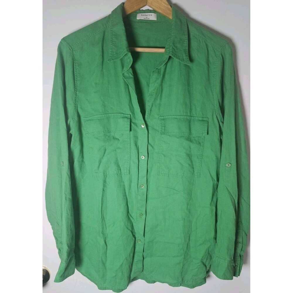 Babaton Aritzia MEDIUM Linen Green Relaxed Utility Button-up Shirt Long Sleeve